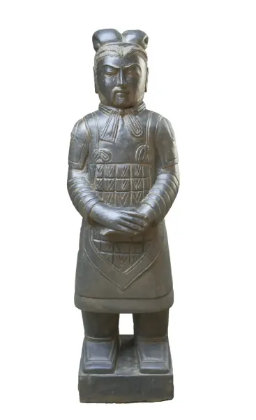 Chinesischer Krieger, stehend, 150 cm Höhe, Naturstein (Basanit), Steinmetzarbeiten, Antikfinish 